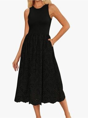 Grace Karin Mixed Media Black Midi Dress with Eyelet Skirt